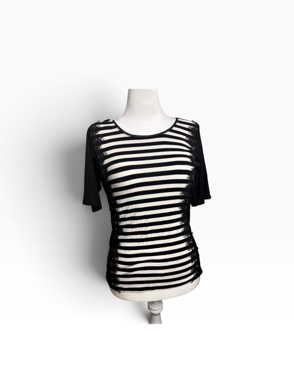 White House Black Market Black and White Striped Lace-Trim Top size medium
